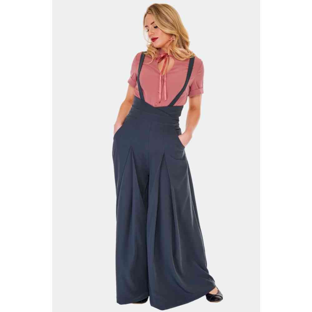 Voodoo Vixen - Grey Suspender Wide leg trousers - Grey